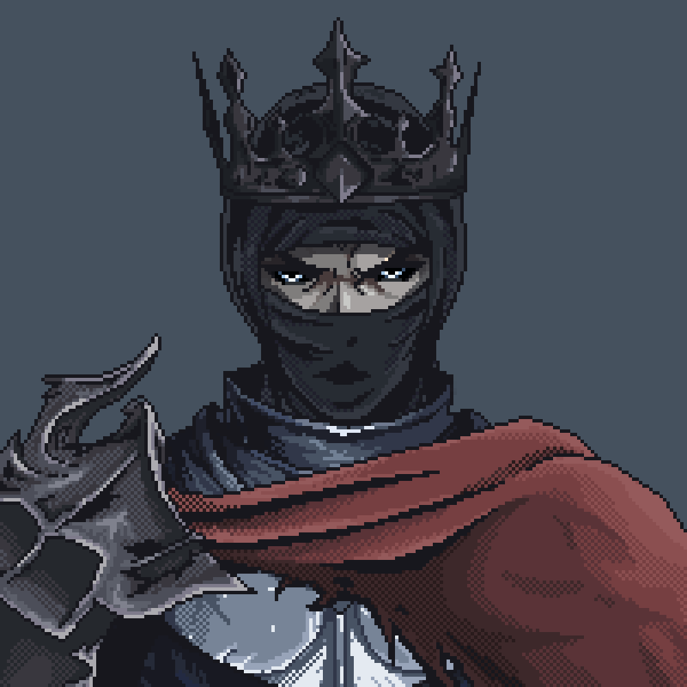 Crowned knight in a hood and red cloak