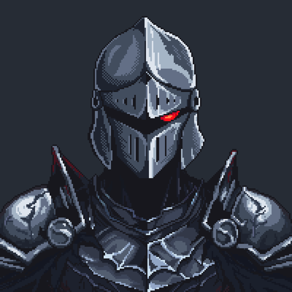 Closed helm with one red glint in the visor