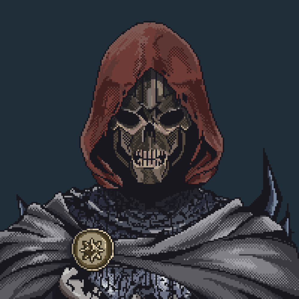 Skull mask under a red hood